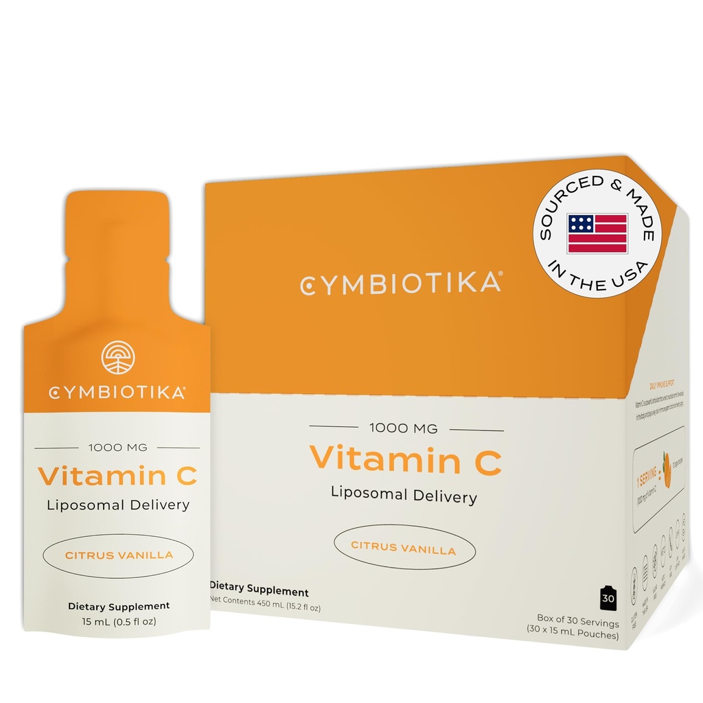 CYMBIOTIKA ויטמין C Individual Packets, Liposomal Delivery, תוספת לתמיכה ב-Immune, Collagen Boost, & Healthy Aging, Skin hydrotion Packets, Citrus Vanilla Flavor, 30 הרוזן