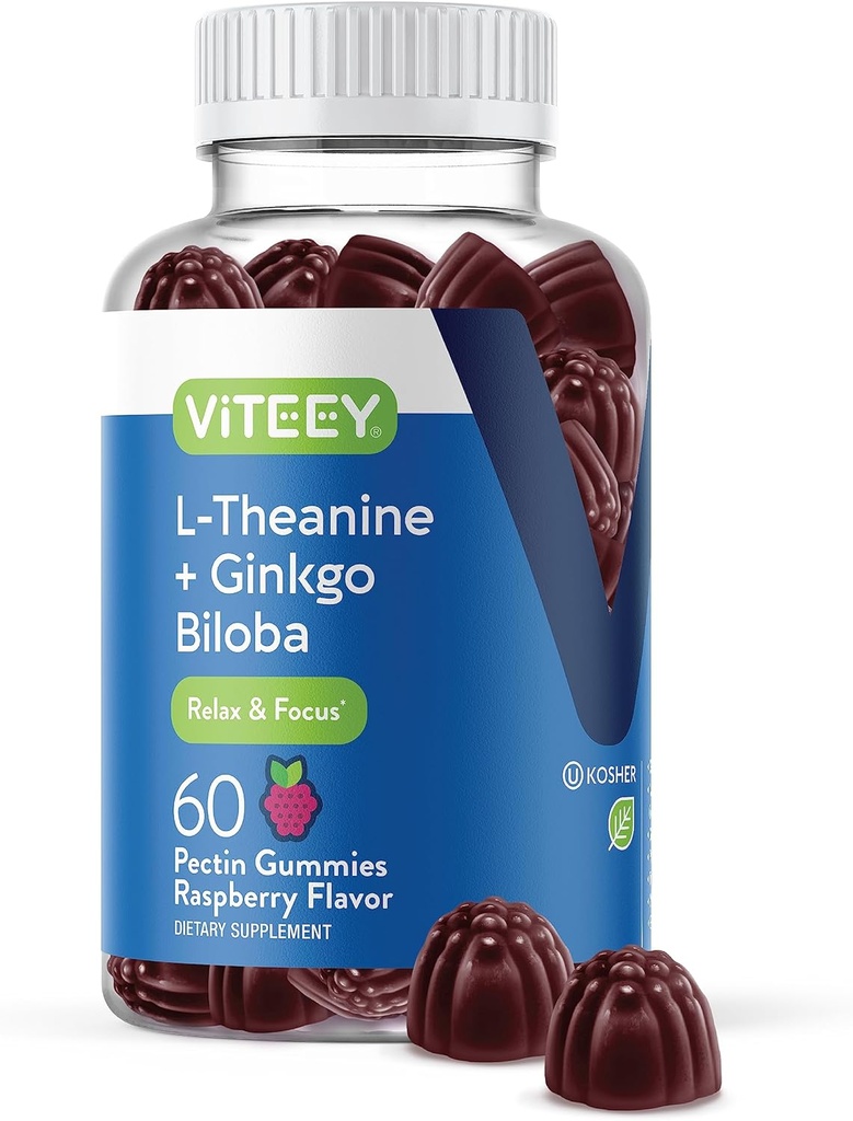 Viteey L-theanine Gummies עם ג'ינקגו בילובה למבוגרים - איידס ב Focus & להירגע, לשפר את Mood - non GMO, Gelatin חינם, טבעוני, Gluten חינם, באופן טבעי מקור צ'ירוק טיק פטל פלמור