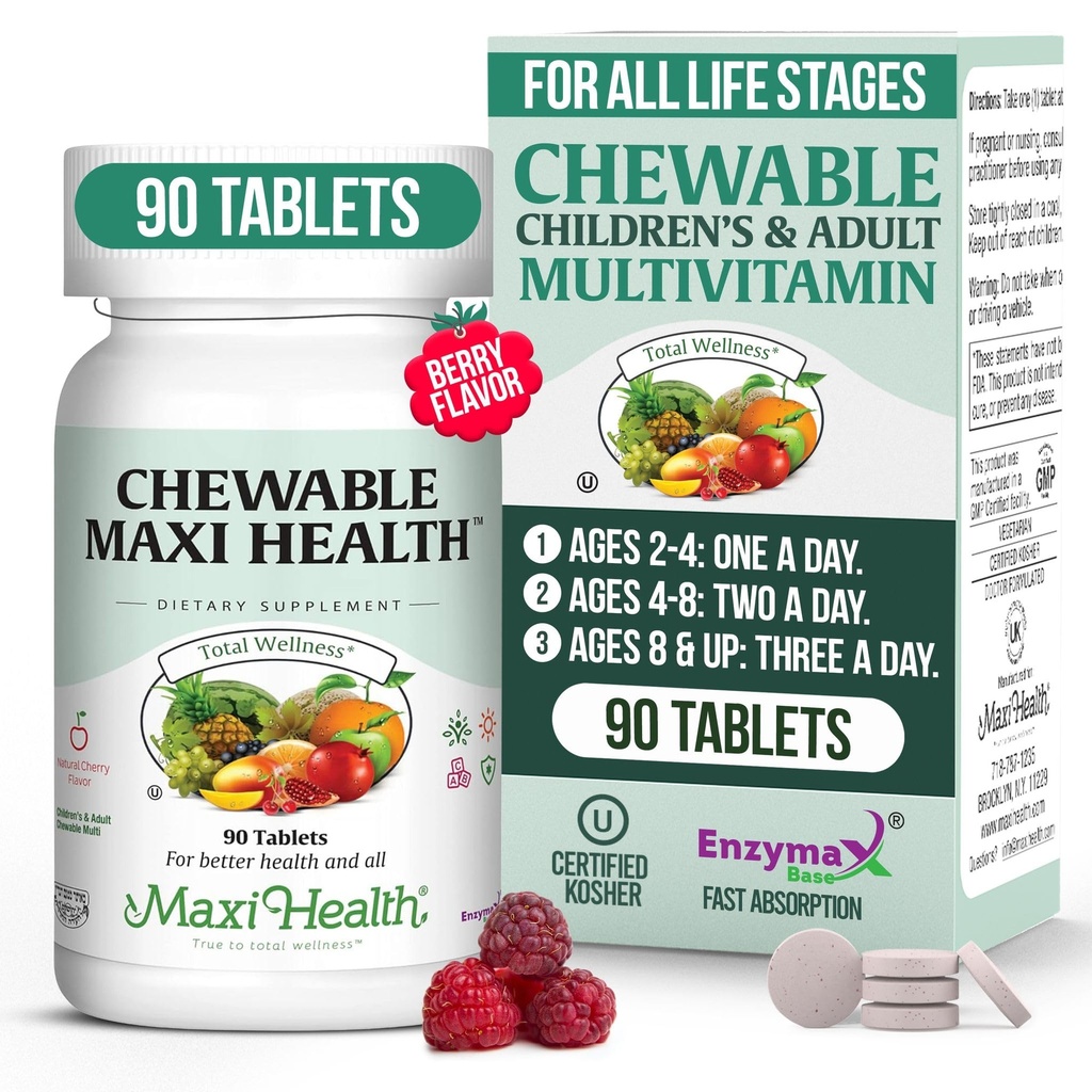 Maxi Health Chewable Multivitamin לילדים, בני נוער ומבוגרים - Cherry Chewable ויטמינים למבוגרים וילדים - ילדים כשרים Multivitamin + Iron (90 טבליות)
