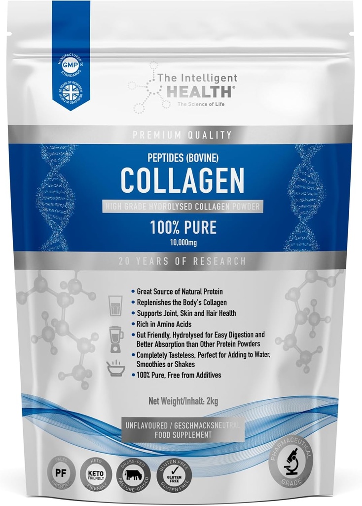 The Intelligent Health Hydrolyzed Collagen Peptides אבקת, Grass פד, חלבונים גבוהים, Unflavored, Gluten-Free, Paleo & Keto Friendly, 10g per Serve (2kg) תומך עור, שיער, ציפורניים, מפרקים, ועצמות.