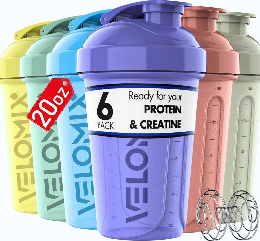 VELOMIX -6 PACK- 20 oz חלבון שיקר בקבוק למיקס חלבונים - 6x Wire Whisk | Leak Proof Shaker Cups forחלבון Shakes |  Stackable Protein Shaker Bottle Pack | Disher Safe (Pstel Shades)