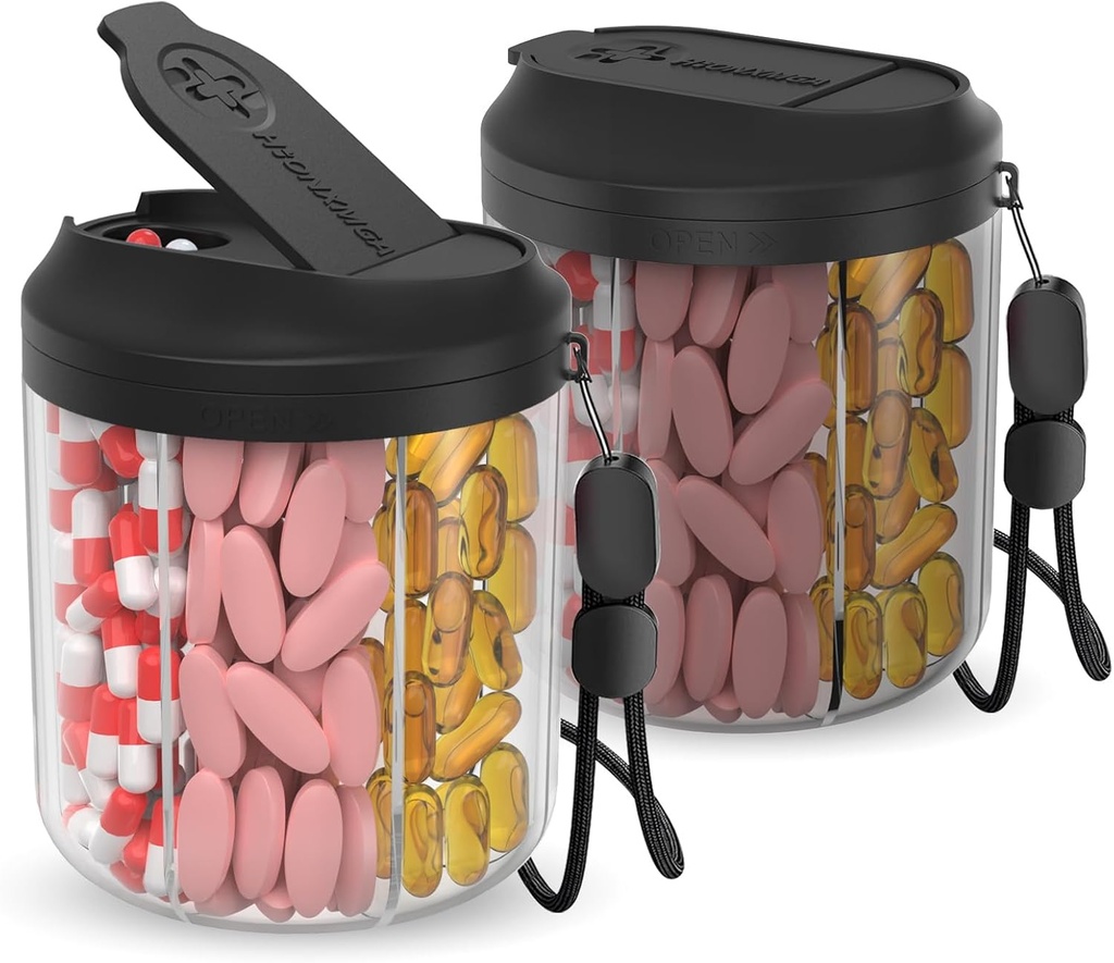 Ph Dispenser עם 7 השוואתיות גדולות, מארגנת בקבוקי גלולות עבור נסיעות, מארגנת תוספת עם עיצוב Anti-Mixing, BPA-Free Pill Container עם 20 Pcs תוויות, Black 2pcs