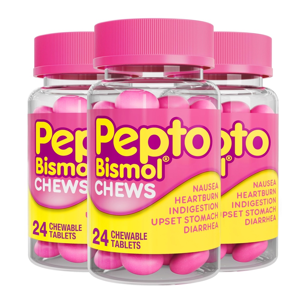פפטו Bismol Chews, הקלה מהירה ויעילה של Nausea, Heartburn, Indigestion, Upset Stomach, Diarrhea, 72 Total (3 Packs of 24)