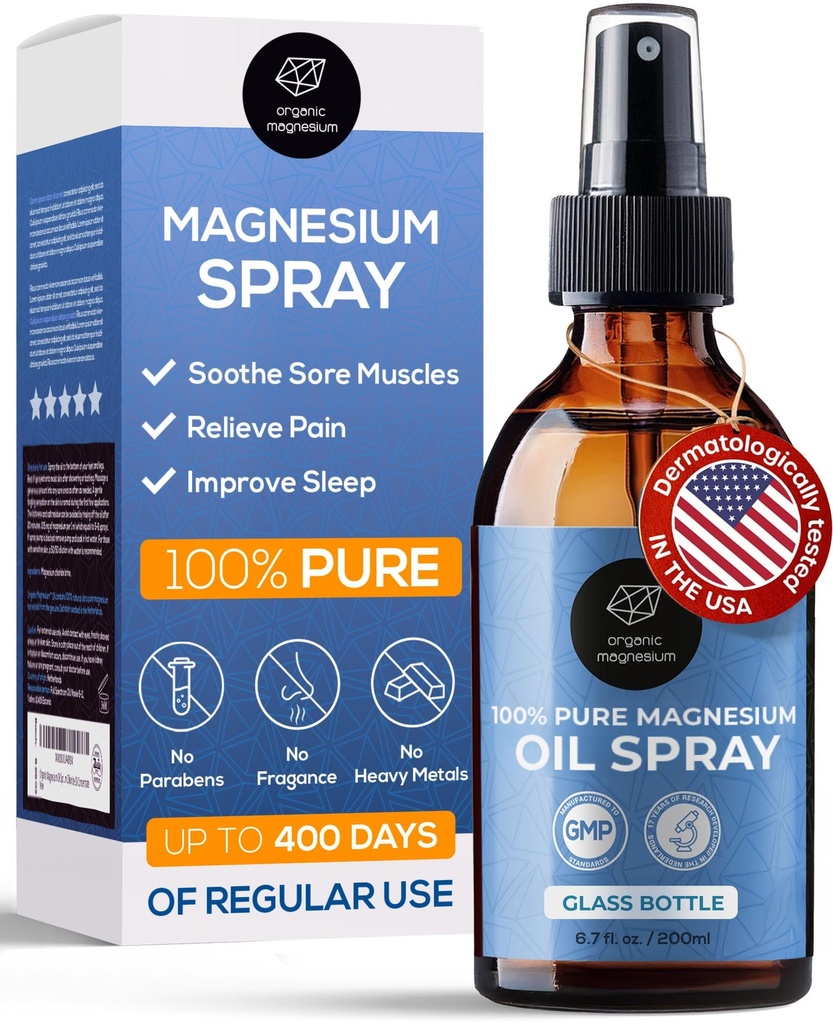 אורגני Magnesium Spray שמן עבור רגליים, Sleep & Sore השרירים - 100% טהור Zchstein Mg Chloride, פורמולה אקטואלית עבור רגיעה טבעית, עיסוי גוף, Cramps & Workout הקלה
