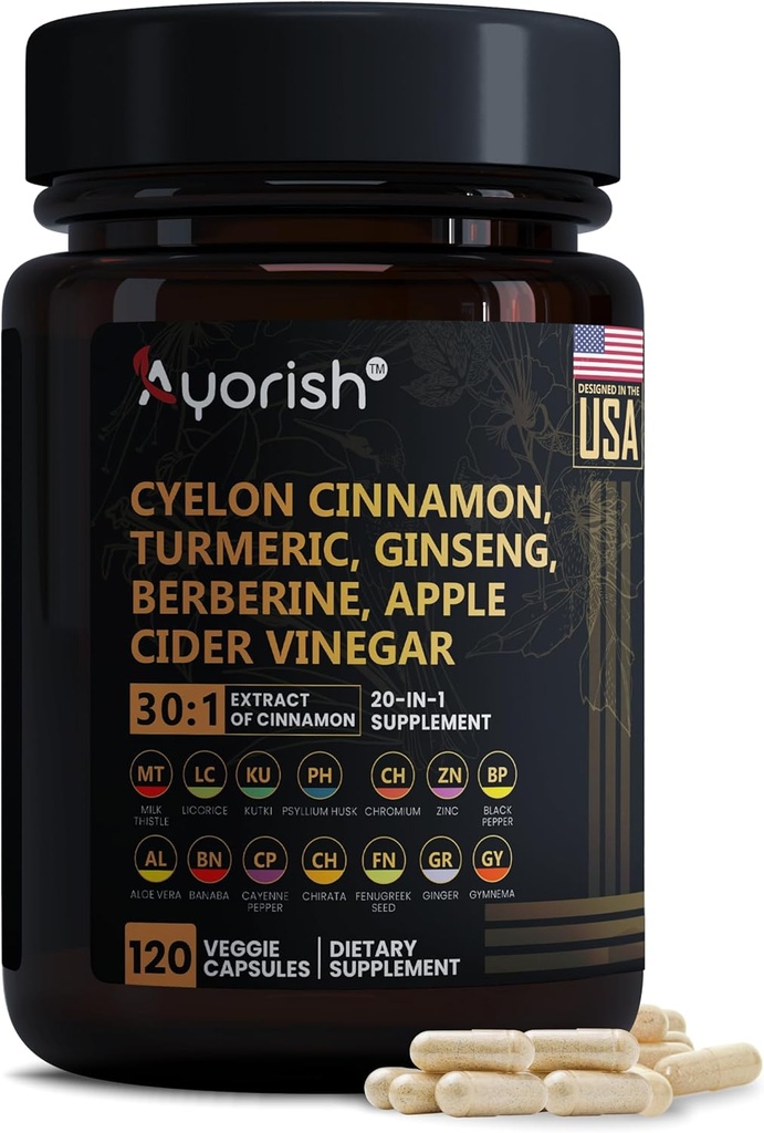 Ceylon Cinnamon קפסולת 30:1 לחלץ Equivalent ל 9000 מ"ג | Turmeric, גינזנג, Apple Cider Vinegar Berberine Plus Bitter Melon Gymnema, Kutki, Chirata 120 Veg כמוסות - 60 ימים אספקת מזון