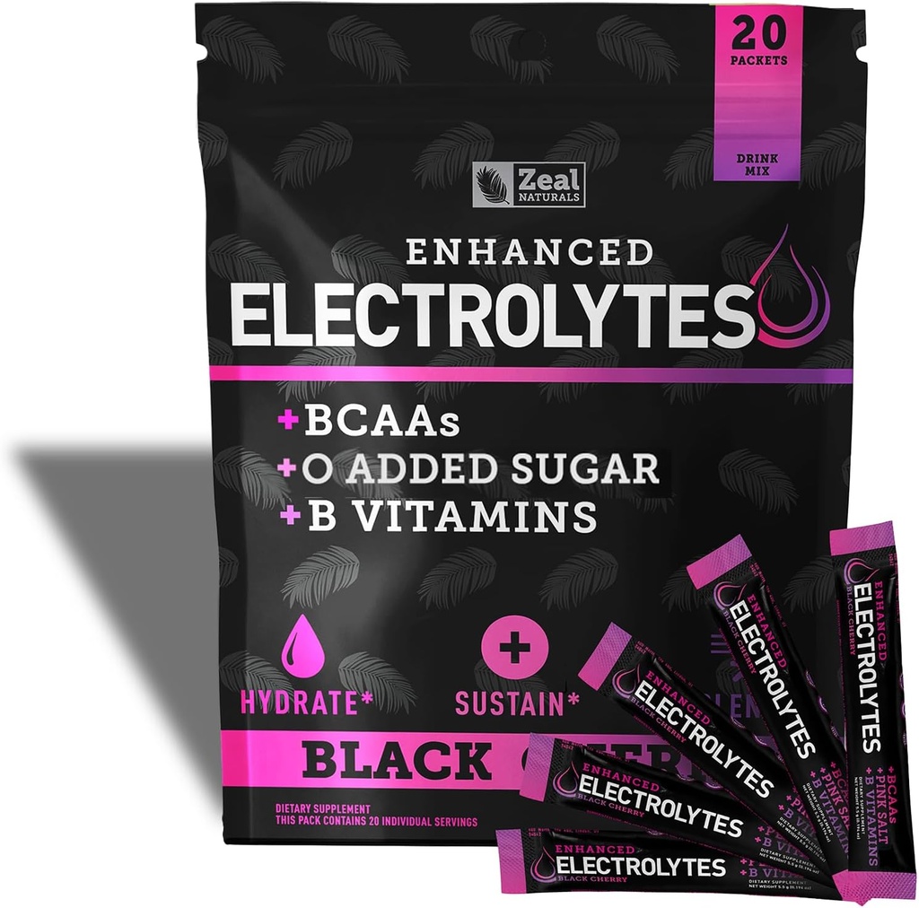 הגדלת פוליקת אלקטרוליטה Stick Packs (Black Cherry | 20 Packets) w / 0 Sugar +BCAAs +B-Vitamins Electrolyte תוסף w Potassium Zinc & Magnesium עבור הידרה - Keto Electrolytes
