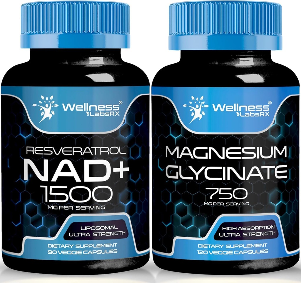 Magnesium Glycinate קפסולות - 750 מ"ג - מגנזיום תוספת תוספת גבוהה Absorption תוסף │ NAD, 1500 מ"ג - Liposomal NAD+ תוספת של Resveratrol