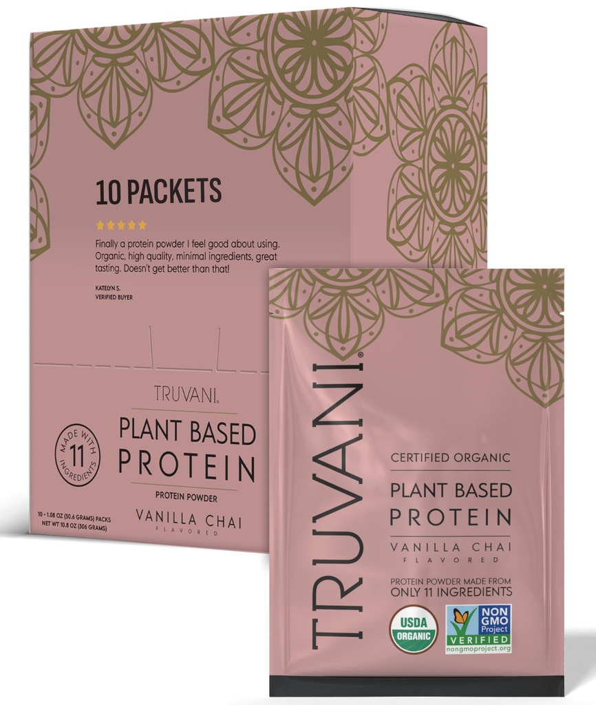 Truvani טבעוני אבקת חלבון Pea | Vanilla Chai | 20g אורגני צמחי חלבון מבוסס חלבון | Single Serve Packets | 10 מנות | Keto | Gluten & Milk Free | Low Carb | לא תוספת סוכר