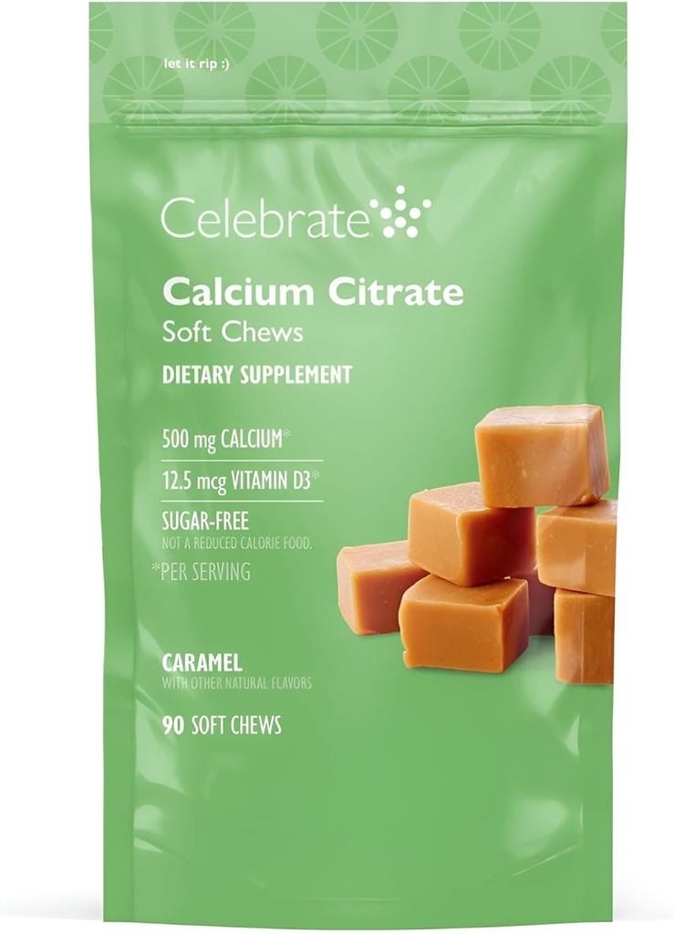 חוגגים ויטמינים Bariatric 500 מ"ג Calcium Citrate Chews עם 500 IU ויטמין D3 - Essential for Gastric Bypass חולים & Bone Health - Sugar & Gluten Free, Carmel (90 Chews)