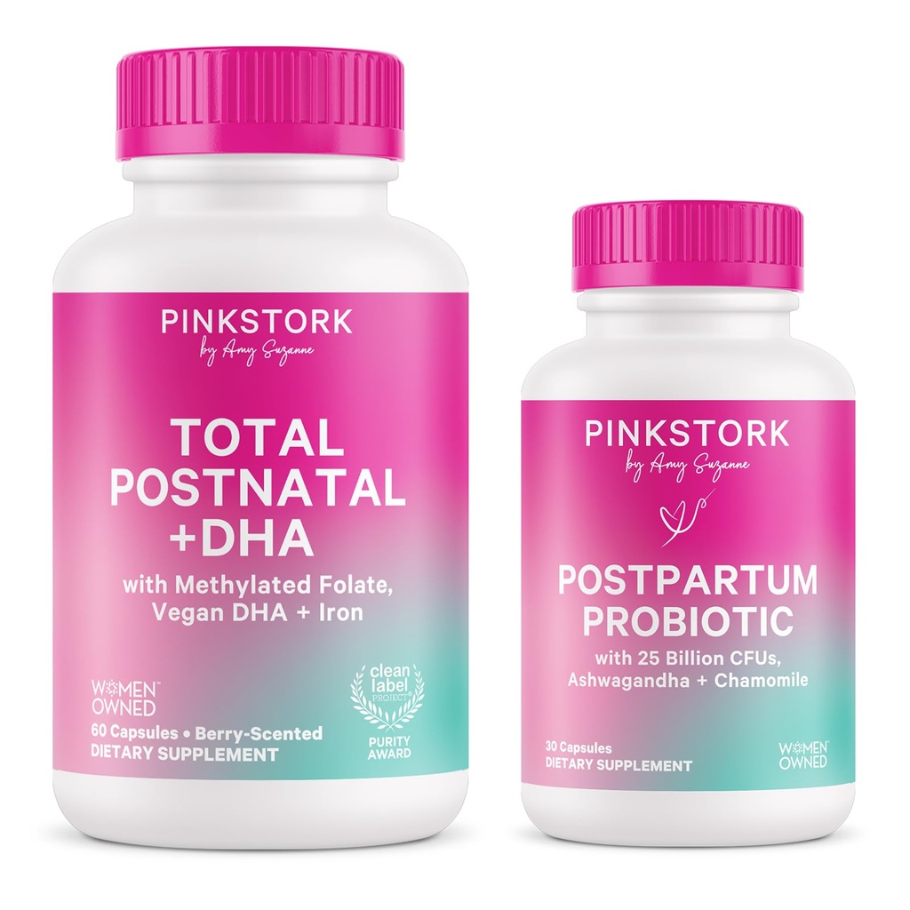 Pink Stork Postnatal Multivitamin + Probiotics with Vegan DHA, Ashwagandha, Iron, Folate, B12 - תמיכה בהורמונים, Postpartum Recovery, Gut Health, & Digest - Pack of 2