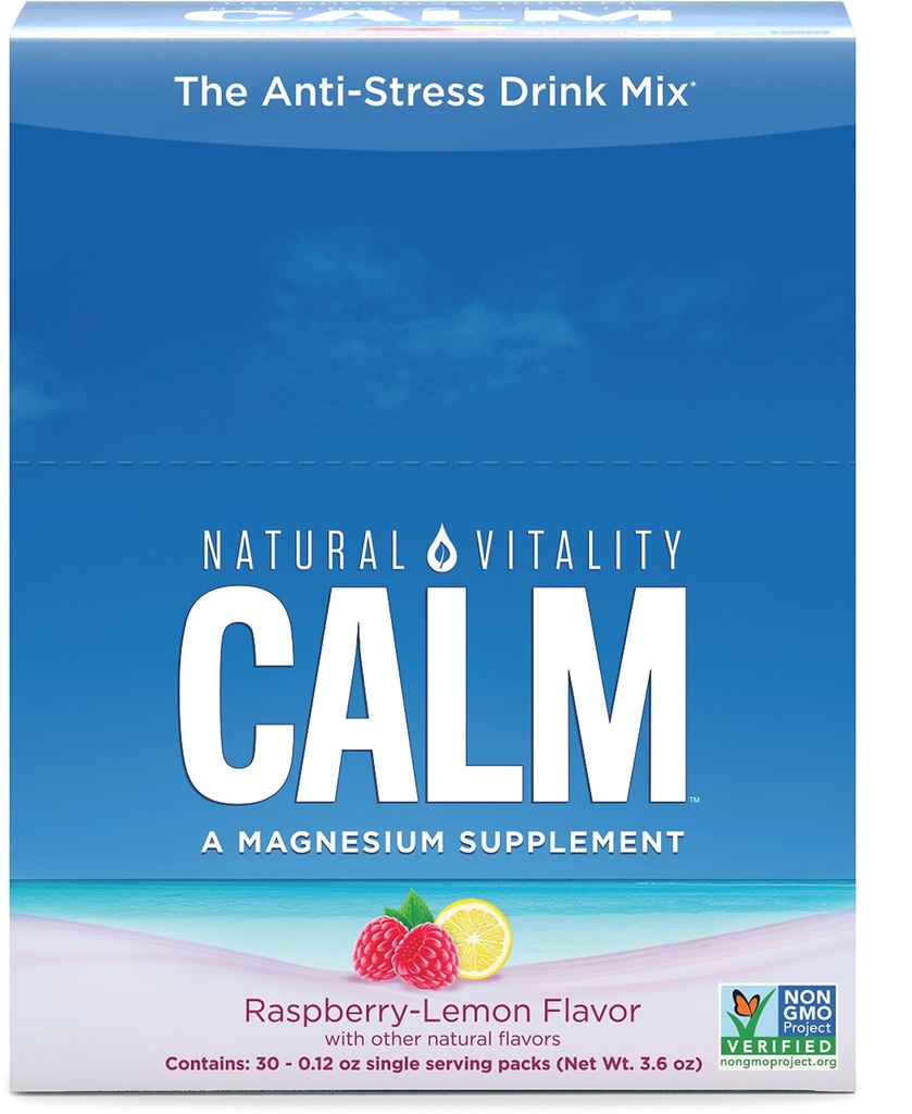 Natural Vitality Calm, Magnesium Citrate תוסף, Anti-Stress Drinkאבקת, Gluten Free, Vegan ו- non-GMO, Raspberry לימון, 0.12 oz, 30 Packets
