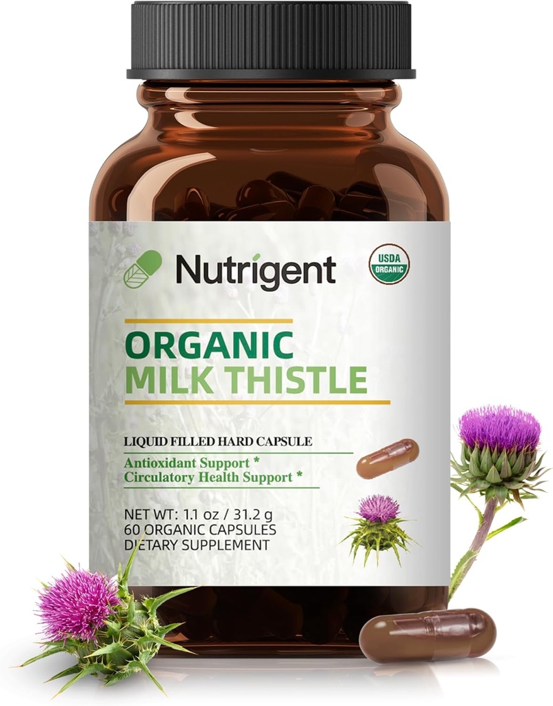 USDA Organic Milk Thistle Supplement 25:1 Extract, 8750 mg Strength, Silymarin Supplement 280 mg, Liquid Organic Capsules, Liver Health & Detox Support, Non-GMO, 60 Count