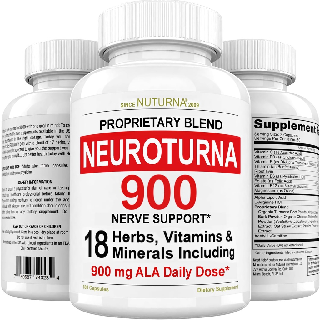 נוירופתיה תומכת בתוסף עצבים עם 900 מ"ג Pure Alpha Lipoic Acid - פורמולה כוח מקסימלית, Fortify Nerves in Fingers, Hands, Toes, & Feet - Best Peripheral Relief - 180 קפסולות
