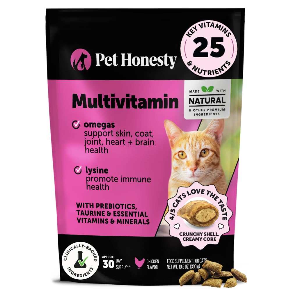 Cat Multivitamin Crunchy & Creamy Chews - Cat Treats for Health + Immune, Joint Support, Skin & Coat, & Digest - ויטמינים עם אומגה 3s, Lysine & Probiotics (30 יום אספקה)