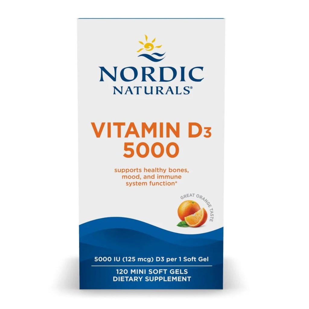 Nordic Naturals ויטמין D3 5000, Orange - 120 מיני Soft Gels - 5000 IU ויטמין D3 - תומך עצמות בריאות, Mood & Immune System Function - non-GMO - 120 משרתות