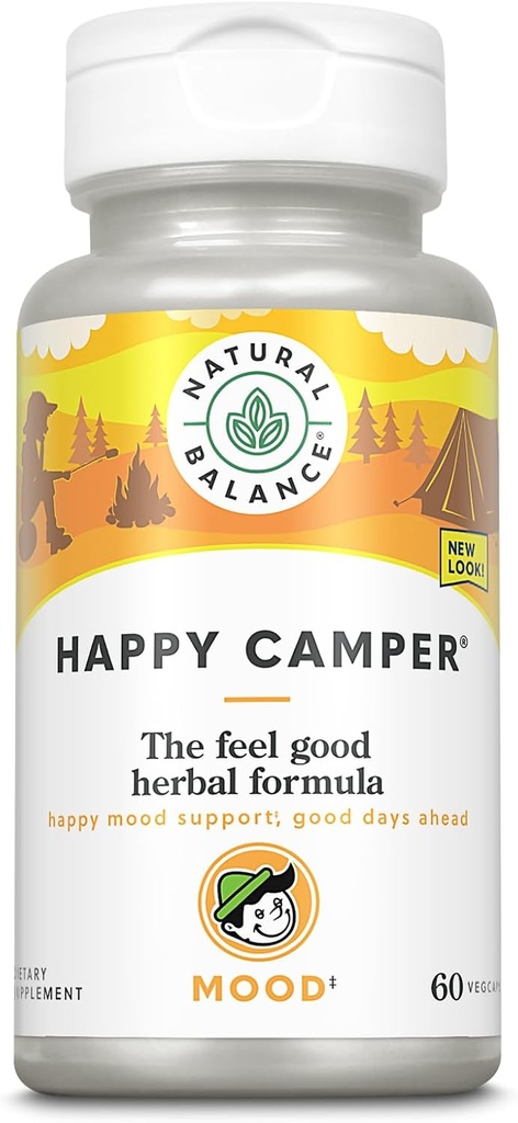 Natural Balance Happy Camper - Feel-Good Mood Support Supplement - Gotu Kola, פרח התשוקה, Kava Kava קפסולות - 60 יום ערבות (30 משרתים, 60 VegCaps)