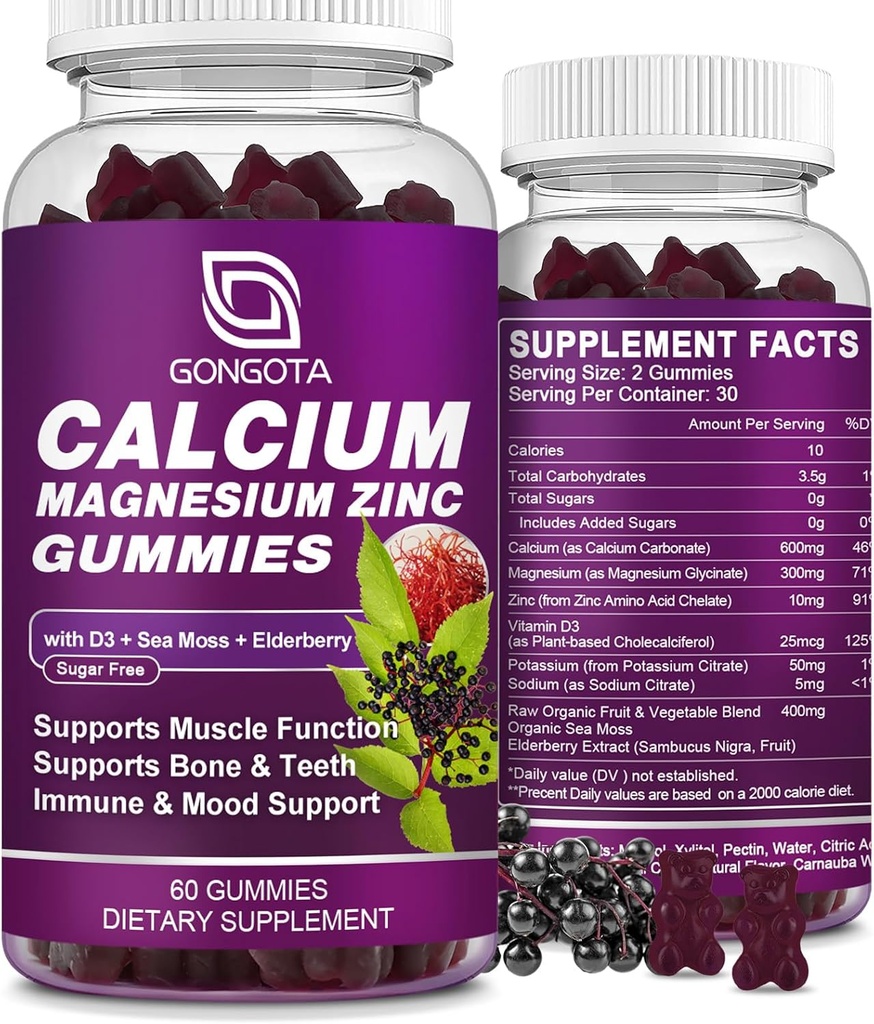 Calcium Magnesium Zinc עם ויטמין D3, גבוה Absorbent Calcium חניכיים עם 300 מ"ג Magnesium glycinate תמיכה העצם & שיניים, שרירים למבוגרים ומתבגרים,Sugar חינם, טבעוני 60 הרוזן הרוזן
