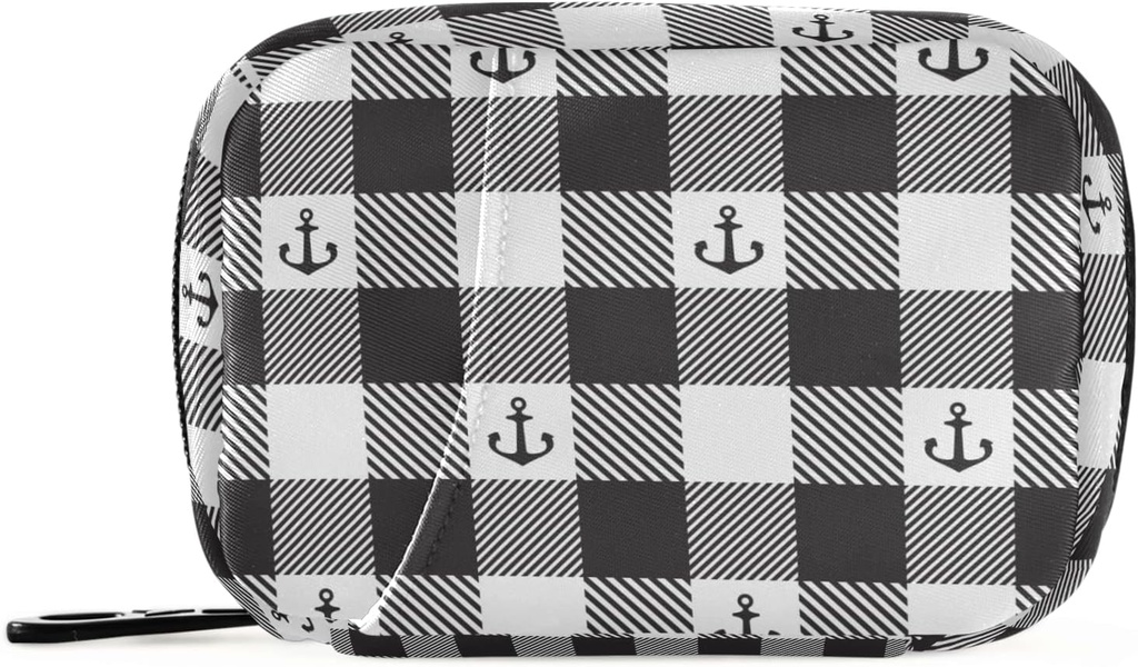 Black & White Plaid Anchor Pill Box 7 Day Pill Racinger Bag with Zipper Portable Weekly Case Index Size for ויטמין תוסף