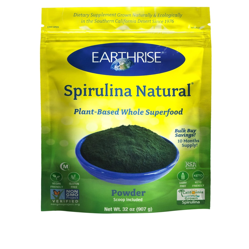 Earthrise Spirulina טבעית 32oz, Natural Premium Spirulina מקליפורניה- טבעונית, גלוטן חינם, Keto Friendly, non-GMO Super מזון גבוה ויטמינים ומינרלים. (LB)