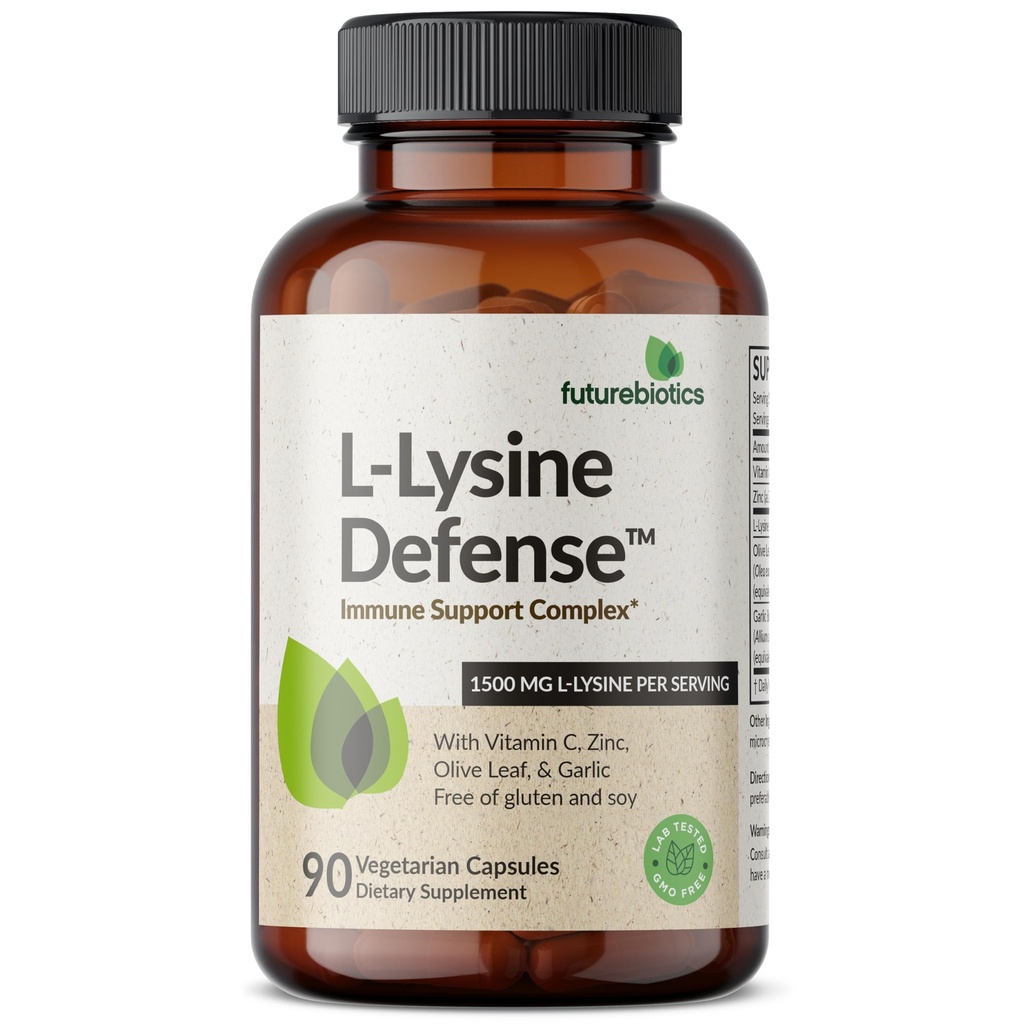 Futurebiotics L-Lysine Defense Immune Support Complex 1500 MG Per משרת עם ויטמין C, Zinc, אוליב Leaf & Garlic - Non-GMO, 90 קפסולות צמחוניות