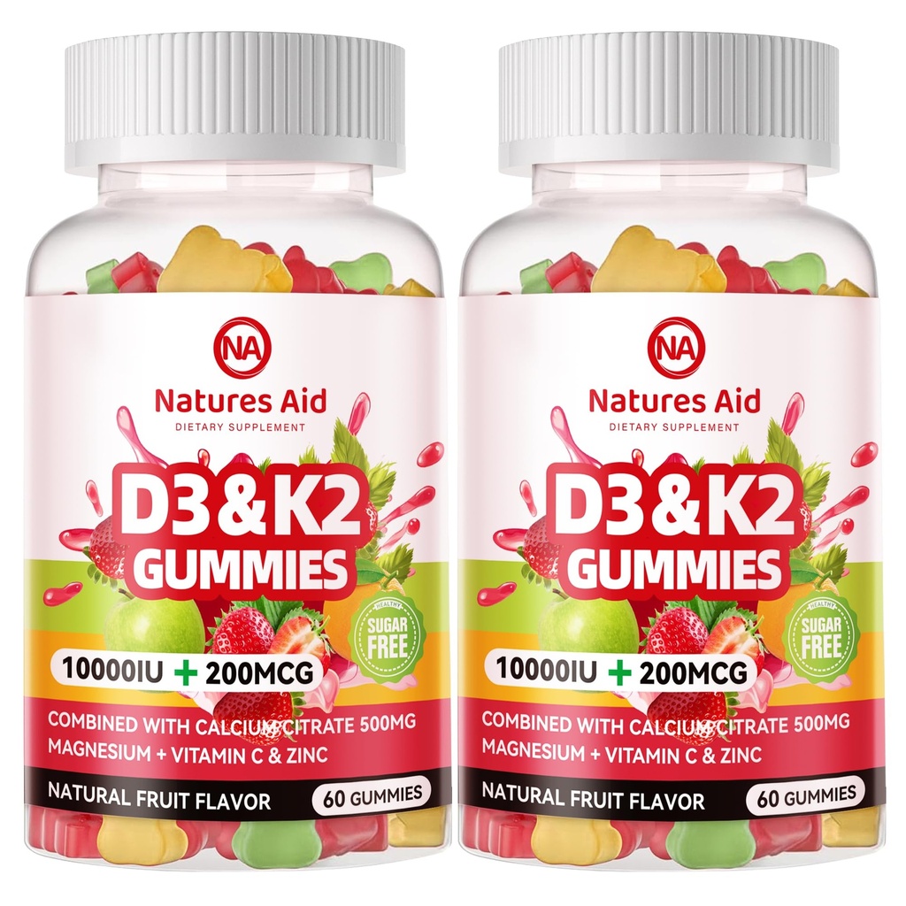 Natures Aid Sugar-Free ויטמין D3 K2 מסטיקנים עם Calcium + K2 (MK-7), Magnesium Citrate, ויטמין C, כוח נוסף - תחליף האולטימטיבי לשיניים שרירים העצם Immune, טבעוני 120 מסטיקנים