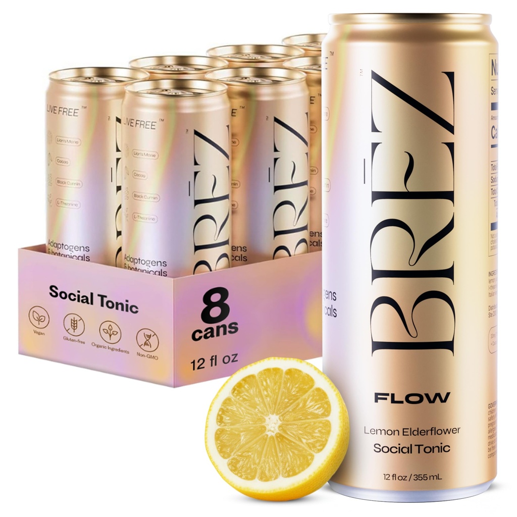 המשקה של BREZ FLOW Lion's Mane Mushroom, 8-Pack, Non-Infused, Fitogens, Relieving, Uplifting, and Social, Sparkling Lemon Elderflower Tonic 12 Fl oz