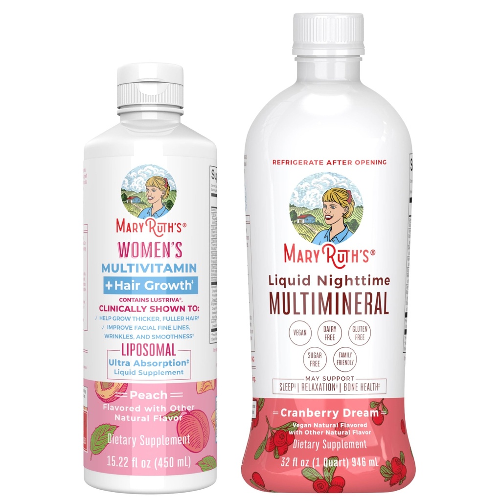 MaryRuth's Women's Multivitamin + Hair Liposomal (Peach) & Liquid Night Multimineral (Cranberry)