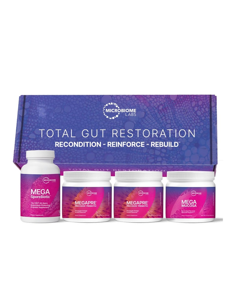 Microbiome Labs Total Gut Recovery Kit (Powder) - 3 מוצרים Gut Health Spore מבוסס פרוביוטיקה, אבקה טרוםביוטית ומוסקוסל Immunoglobulin + Amino Acids for Immune, GI & Digestive Health