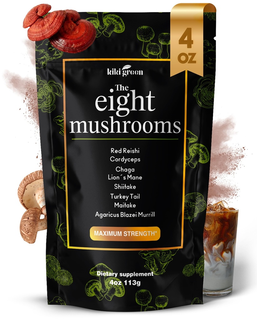 KIKI ירוק 8 Mushrooms אבקת לחלץ - 4 oz תרכובת הסתגלות עבור קפה ו Smoothies - אריה של אריה, צ'אגה, ריישי, Cordyceps, Maitake, Shiitake - פוקוס ואנרגיה