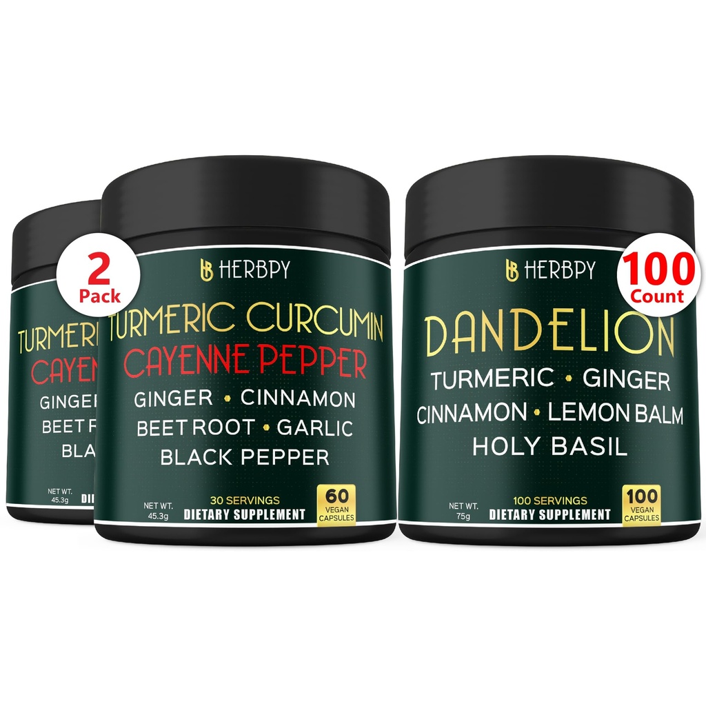 Bundle 7in1 Turmeric Curcumin & 6in1 Dandelion תוספת - תמיכה לב, עיכול בריאות מערכת החיסון
