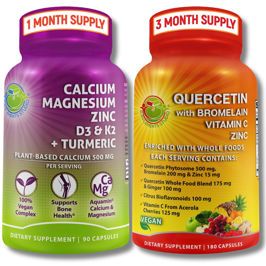 SUPPLEMENTS STUDIO Quercetin עם Bromelain, ויטמין C & Zinc + Plant-based Calcium, Magnesium, D3, K2 & Turmeric - 100% טבעוני תוספת בנדל עבור Immune & העצם תמיכה תמיכה תמיכה תמיכה