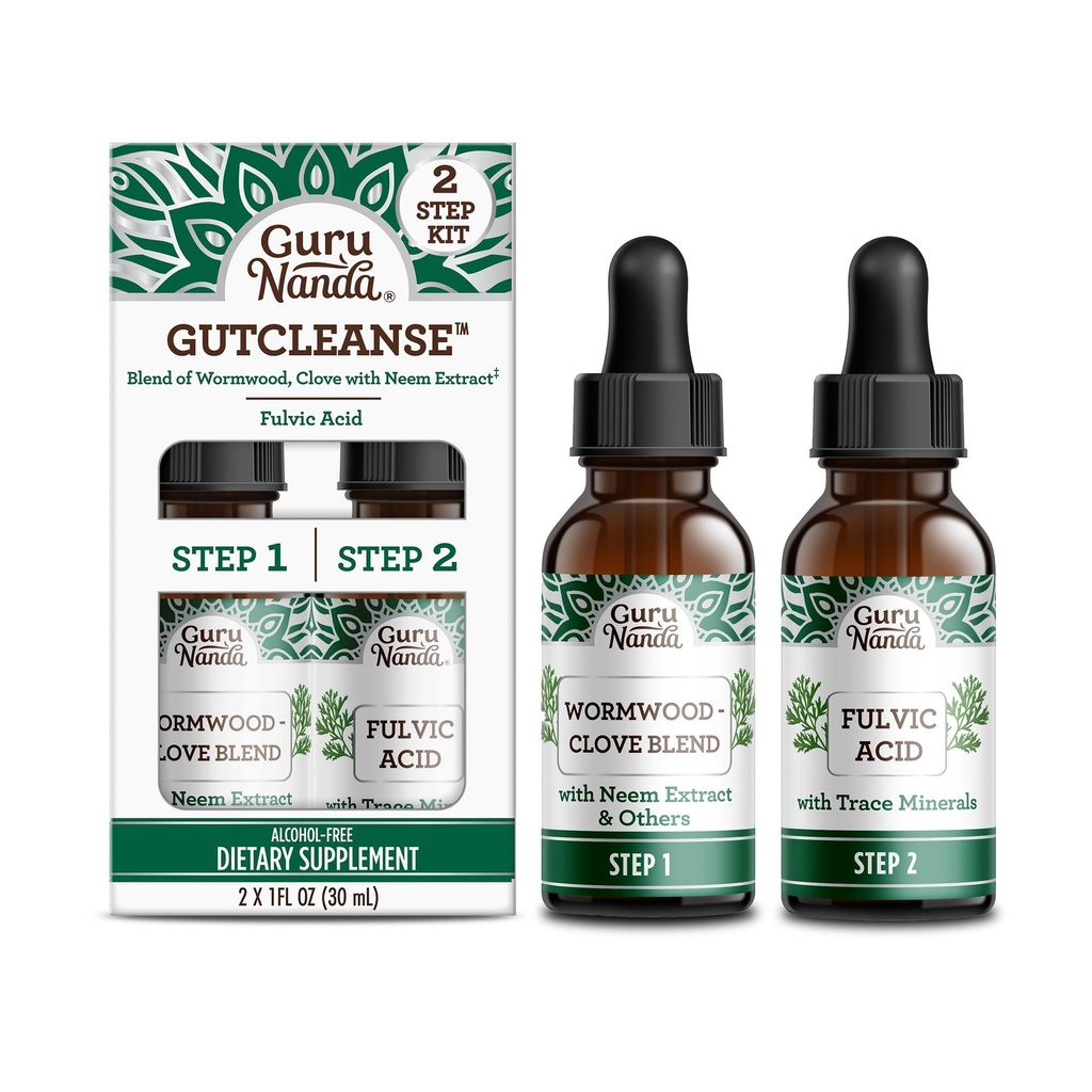 GuruNanda Gutcleanse 2Step Kit - תוספת תזונתית כדי לעזור עם Digest - תערובת של Fulvic Acid, Wormwood, Clove & Neem Extract, 2x1 FlOz
