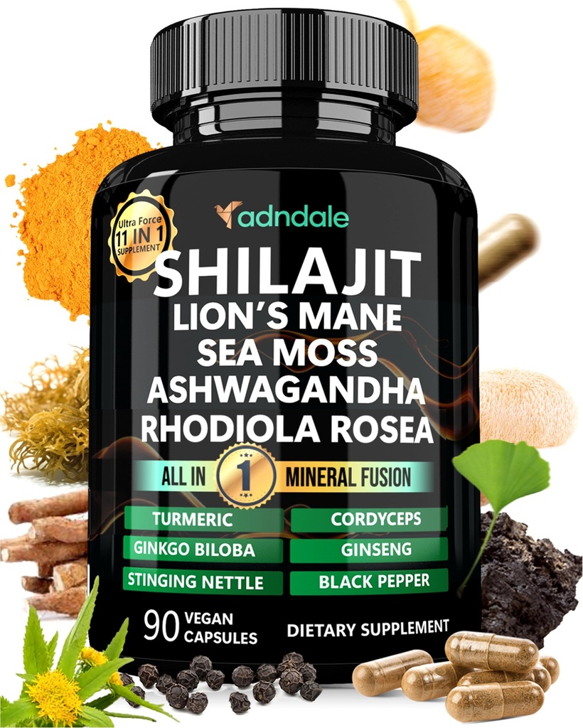 Adndale Shilajit תוסף. Pure ההימלאיה אורגנית Shilajit עבור גברים ונשים קפסולות עם Sea Moss Ashwaganha Rhodiola Rosea Lion's Mane. 90 Counta