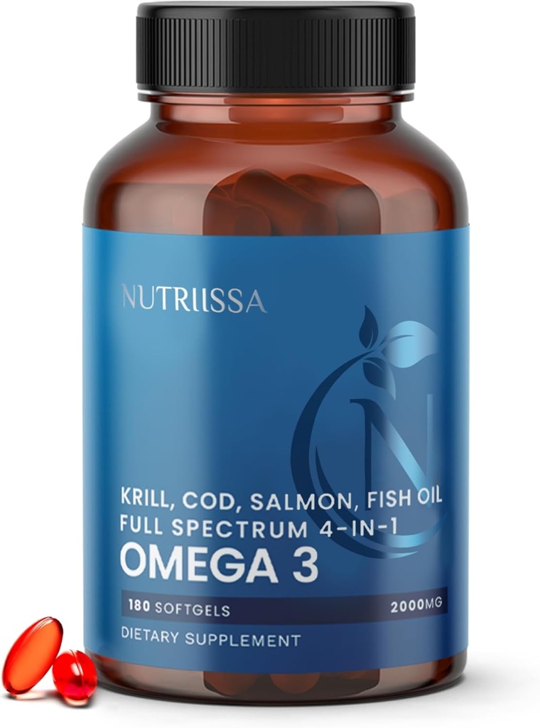 אומגה 3 - 2000 מ"ג שמן בלנדה (Krill, Cod & Salmon Oil) - 1175 מ"ג אומגה 3 (EPA, DHA & DPA) - EPEB Certified, 3Month אספקת - לב, מוח ותמיכה משותפת - 180 Halal Softgels