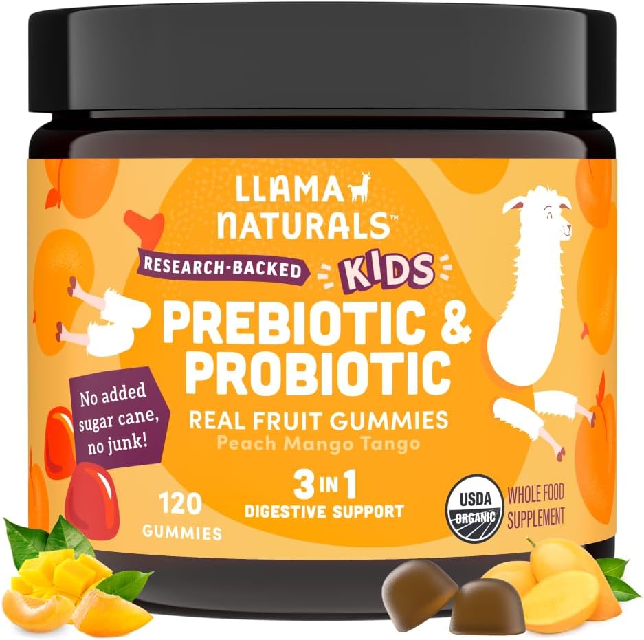 Llama Naturals Kids Probiotic with Prebiotic סיבים, טבעוני, אורגני Prebiotics ו Probiotics for Gut Health Support, טומלר Real פירות Gummy ויטמינים, no added Sugar Cane, Peach מנגו, 120 Ct