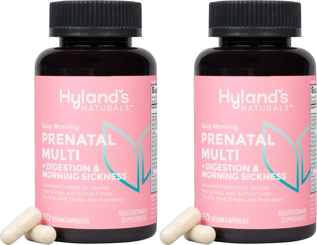 Hyland's Easy Morning Prenatal Multivitamin ו- Digestive Health and Morning Diseaseness, 60 קפסולות טבעוניות, עם Folate, Choline, Zinc, Gig Root, Prebiotics ו- Algae DHA (Pack of 2)