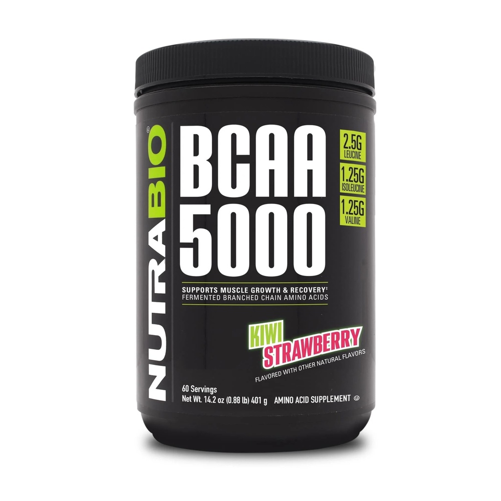 NutraBio BCAA 5000 אבקת - טבעוני פרמנטed BCAAs - תומך צמיחה שריר Lean, התאוששות, אנדורנס - 60 משרתים - קיווי סטרוברי