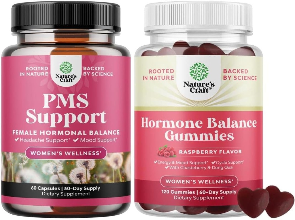 Bundle של PMS תמיכה עם DIM, Chasteberry, Black Cohosh & Ashwagandha לתקופה Cramps Menopause Bloating Mood Swing ו-הורמון מאזן מסטיקים תומכים המחזור הגברי עם ויטמין B6 & Dong Quai