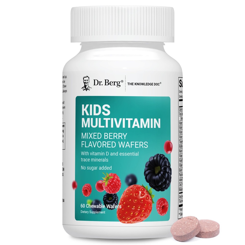 Dr. Berg Kids Chewable Multivitamins (NOT Sweetened w/Sugar) - Daily Multivitamin for Kids הכולל 20 חומרים מזינים & Trace מינרלים Complex - מעורב ברי צ'היטמינים עבור Kid - Red Wafers
