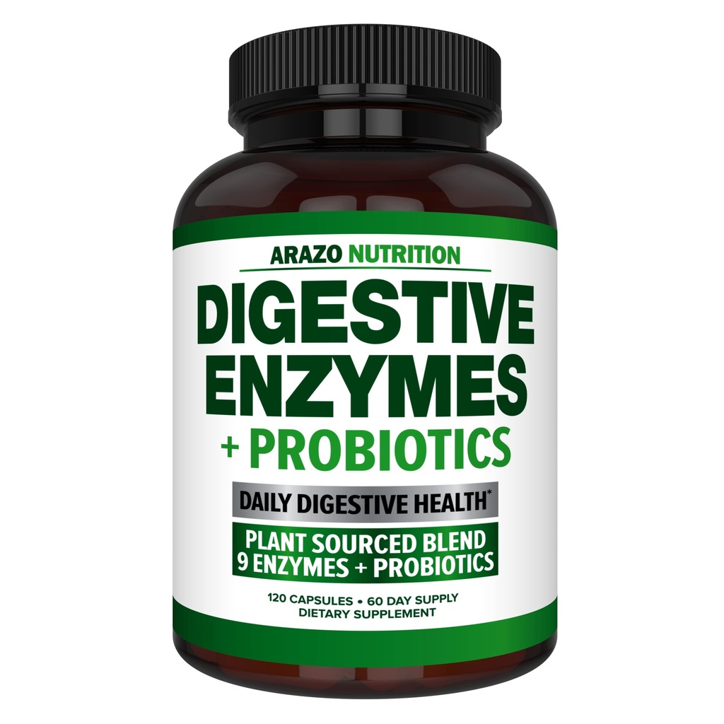 Enzymes עם Probiotics - Multi Enzyme Nutritional תוסף - Acidophilus Bromelain Papaya Papain Lipase & Lactase - שיפור העיכול - 120 גלולות - Arazo Nutrition