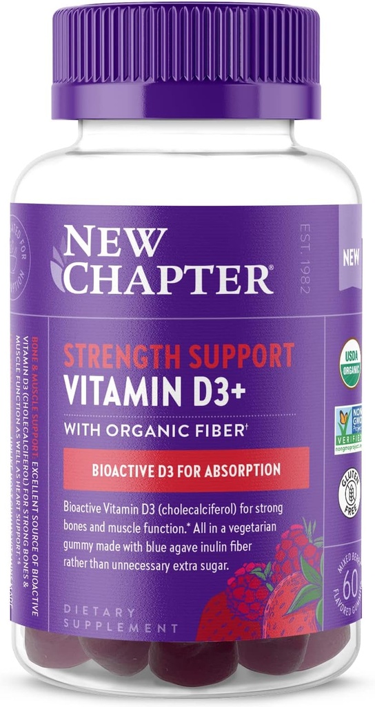 New Chapter Organic ויטמין D3+ Gummies - 52% פחות סוכר §, 1000 IU USDA אורגני ויטמין D, One Daily Gummy for Strong Bones & Muscle Function, Non-GMO, Gluten Free, המעורב ברי פלבורד, 60ct