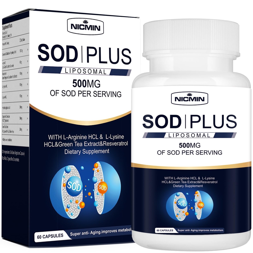 Superoxide Dismutase תוסף 500 מ"ג - SOD בנוסף ל-L-Arginine, Resveratrol ו- E for Immune Support, Antioxidant 60 קפסולות