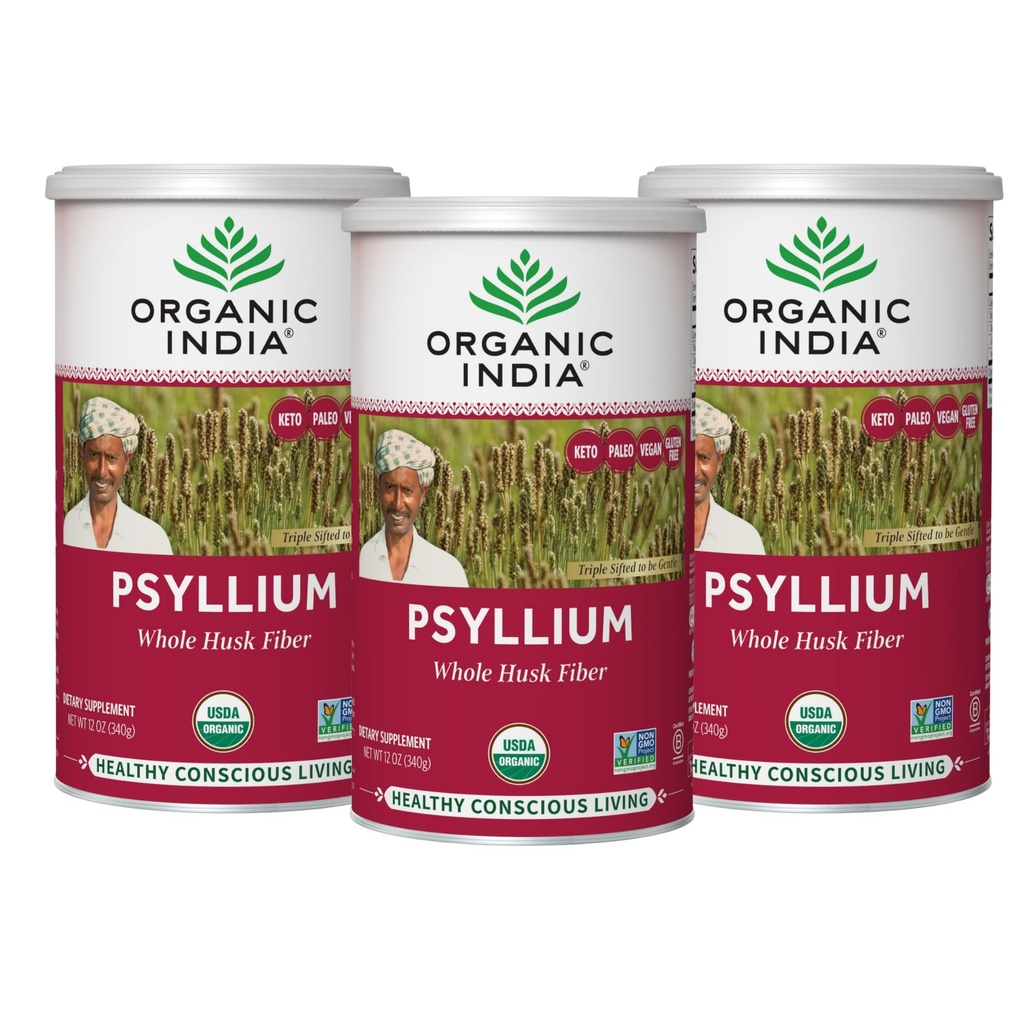 OrganIC INDIA Psyllium צמחי אבקת - Whole Husk סיבים, תמיכה עיכול, טבעוני, Gluten-Free, USDA מוסמך אורגני, non-GMO, Soluble & Insolublefi Source - 12 oz (Pack של 3)