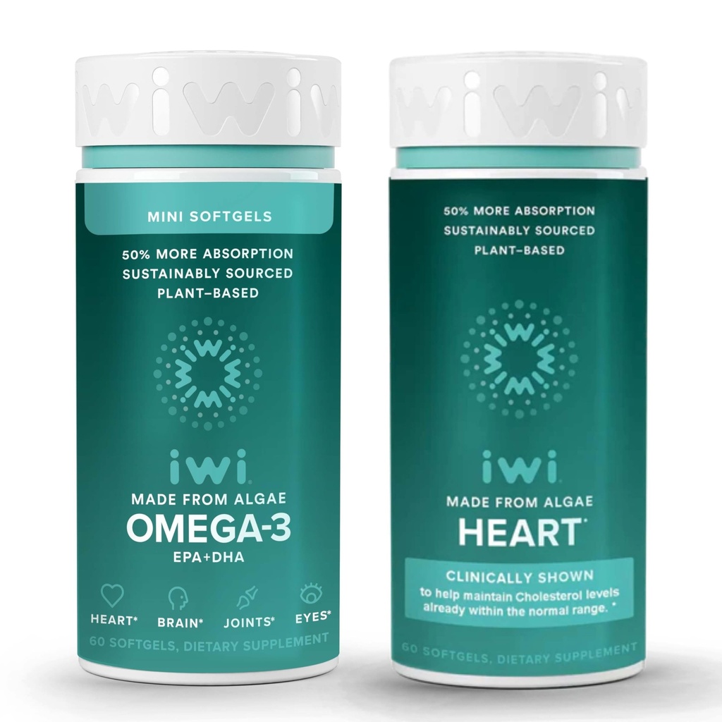 Iwi אומגה 3 Minis & Heart אומגה 3 Bundle, 30 משרתים, אלגה צמחית טבעונית המבוססת על Algae אומגה 3, קריל & Fish שמן אלטרנטיבי, No Fishy Aftertaste