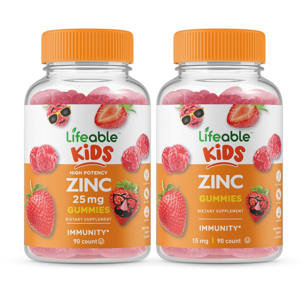 Lifeable Zinc 25 מ"ג ילדים + Zinc Kids, Gummies Bundle - גדול Tasting, ויטמין תוסף, Gluten Free, GMO Free, Chewable Gummymy