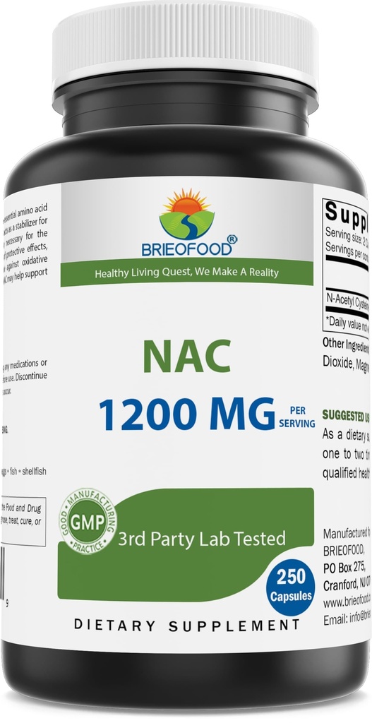 Brieofood NAC תוסף N-Acetyl Cysteine 1200 מ"ג לכל מנה 250 קפסולות - Immune Support Supplement