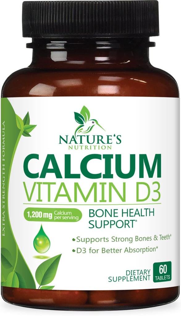 תוסף Calcium 1200 מ"ג - עם ויטמין D3 עבור Best Absorption - תמיכה בריאות החיסון, עצמות ושיניים - Calcium Carbonate + 1600 IU של D3 - בבקבוק בארה"ב עבור נשים וגברים - 60 טבליות
