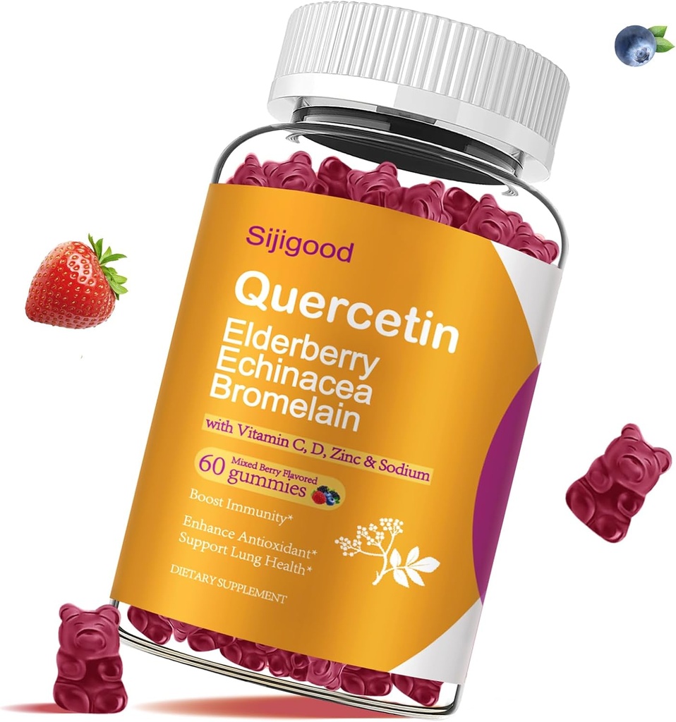 חניכיים Quercetin עם Bromelain, Elderberry, Echinacea, ויטמין C D Zinc - Immune System תומך 60 Counts Pure Quercetin Gummies לילדים ומבוגרים