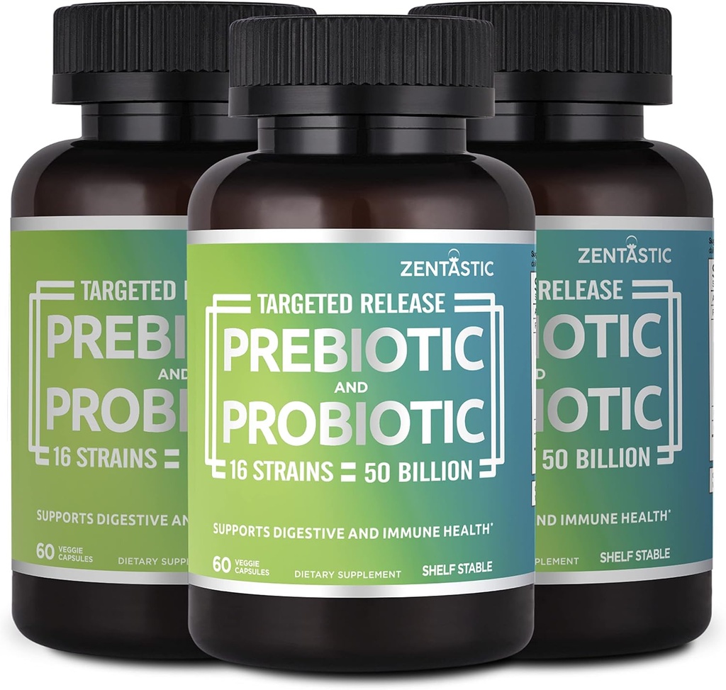 Zentastic Probiotics & Prebiotics תוסף - 50 מיליארד CFU - עבור בריאות Immune & נשים - 16 סטרינס - Shelf Stable - 180 נדחה לשחרר Veggie כמוסות