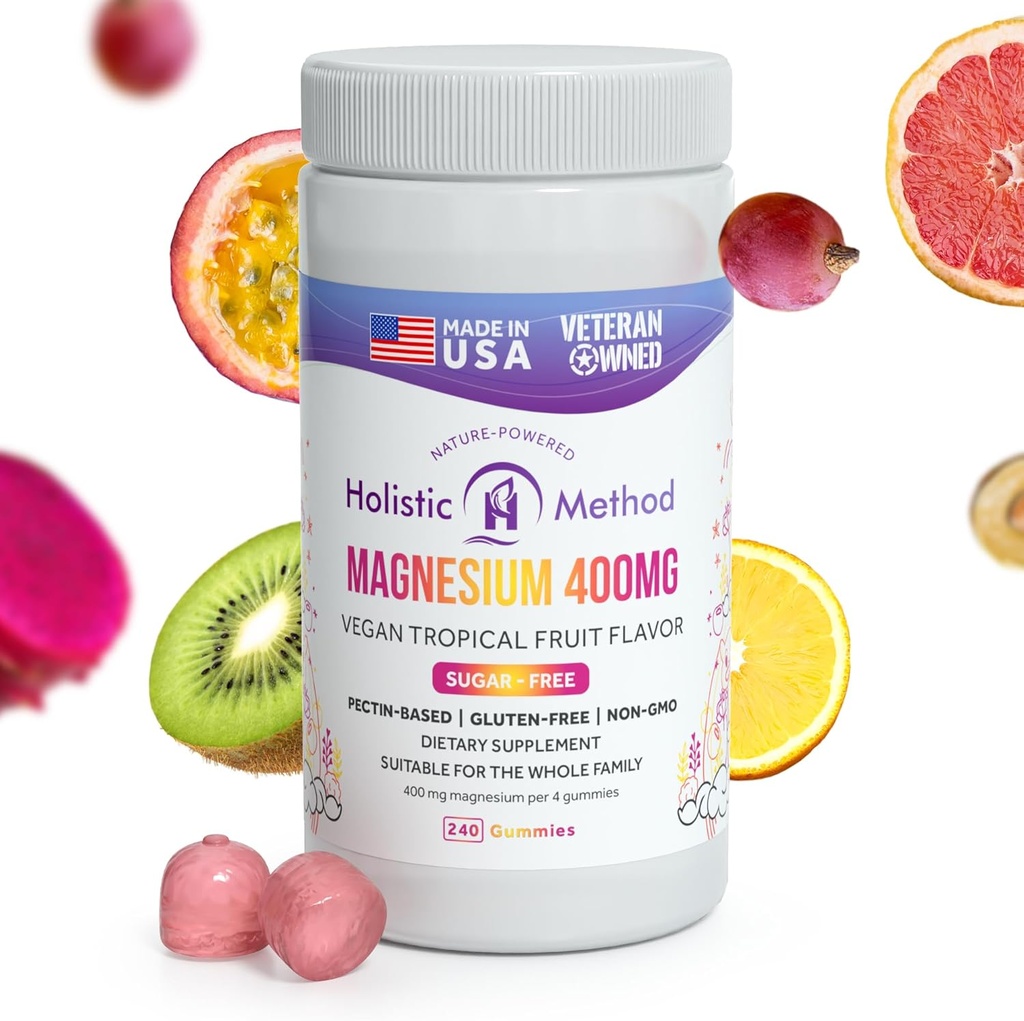 Magnesium Citrate Gummies - סוכר חינם, טבעוני ו- non-GMO לשינה טובה יותר ולהרגעה - No Sugar אלכוהול - תוספת מגנזיום למבוגרים, בני נוער וילדים - פירות טרופיים - 240 צ'אדות